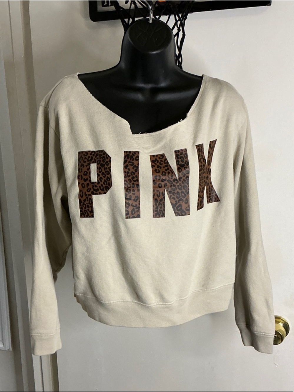 PINK Victoria's Secret Cream Sweatshirt with Leopard Print Logo